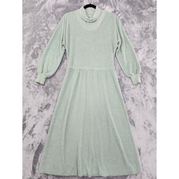 Vintage 70s Vicky Vaughn Terrycloth Knit Turtleneck Maxi Dress Size M Green - Picture 1 of 9